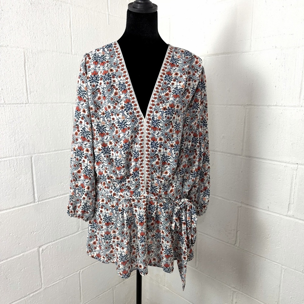 Max Studio Floral Peplum Peasant Top Plus Size 2X Smocked Tie Waist Romantic